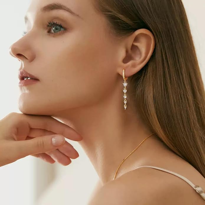 14K Gold Plated Dangle Earrings for Women Dainty Silver Drop Earring Trendy Small Long Dangling Wedding Bridesmaid Hoop Diamond Crystal Cute Earring Jewelry Valentine Gifts