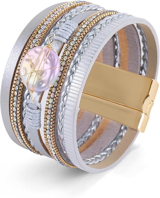 Wrapped Bracelets for Women,Leather Bracelet,Boho Bracelets for Women,Multi-Layer Pearl Crystal Bracelet Bangle Jewelry
