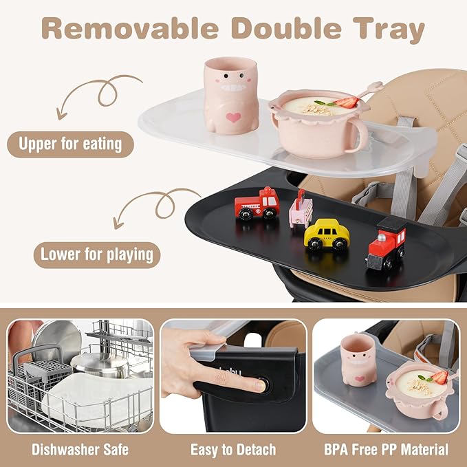 BABY JOY Baby High Chair, 6 in 1 Convertible Wooden High Chair for Babies & Toddlers with Adjustable Legs, Double Removable Tray, Safety Harness & Waterproof PU Cushion (Coffee)