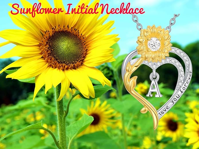 Initial Necklace 925 Sterling Silver Sunflower Heart Letter Pendant Alphabet Anniversary Birthday Jewelry Gifts for Women Mom Girlfriend Wife Her