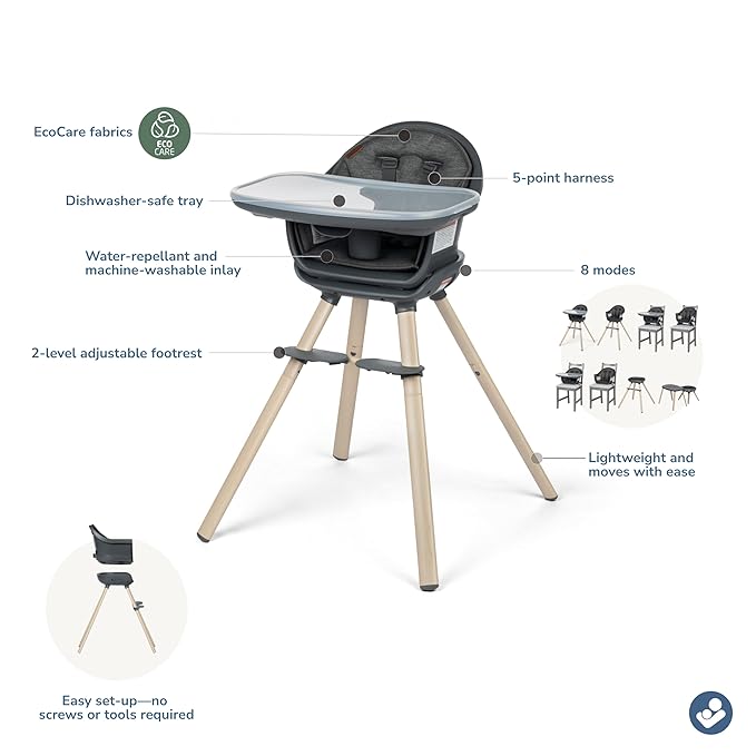 Maxi-Cosi Moa 8-in-1 High Chairs for Babies and Toddlers, Machine Washable Infant High Chair, Compact, Convertible High Chair Lightweight Design, Classic Graphite