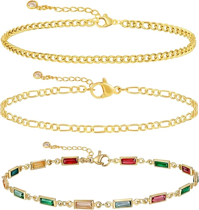 MIDEEO Gold/Silver Ankle Bracelets for Women,14K Gold Anklets for Women Waterproof Cuban Link Heart Beads Herringbone Rhinestone Anklets Set Layered Anklet Bracelets for Women Gold Jewelry Gift