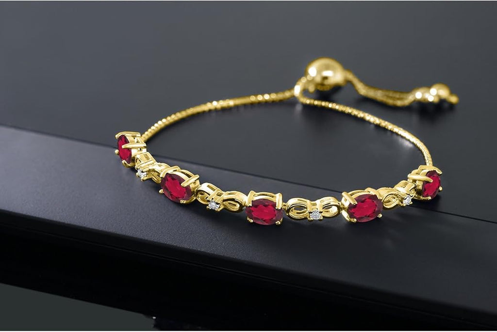 Gem Stone King 7X5MM Oval Cut Gemstone Birthstone and Accent Lab Grown Diamond Tennis Bracelet For Women In 18K Yellow Gold Plated Silver | Adjustable Bolo Bracelet For Women | Easy-On Easy-Off