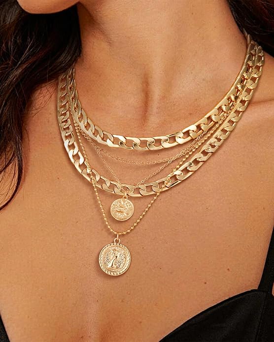 MJartoria Layered Necklaces for Women Trendy Retro Coin Pendant Necklace Dainty Chunky Chain Necklaces for Jewelry Birthday Gifts