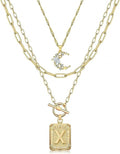 MJartoria Layered Initial Necklaces for Women Trendy, 14K Gold Plated Brass Simple Moon Choker Square Letter Pendant Necklace, Paperclip Chain Necklaces Jewelry Gifts