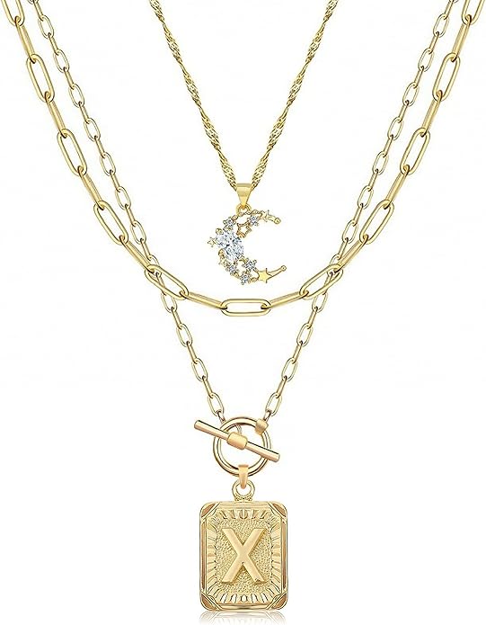 MJartoria Layered Initial Necklaces for Women Trendy, 14K Gold Plated Brass Simple Moon Choker Square Letter Pendant Necklace, Paperclip Chain Necklaces Jewelry Gifts