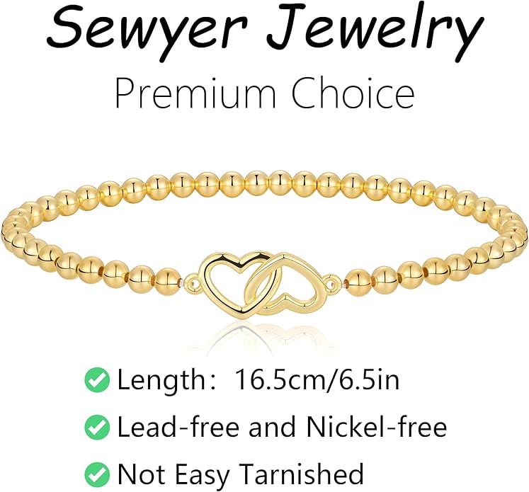 Gold Bracelets for Women, Cute 14K Gold/Silver Plated Stretch Beaded Bracelets for Women Trendy Stackable Charm Bracelet Dainty Adjustable Waterproof Non Tarnish Jewelry Gifts for Her