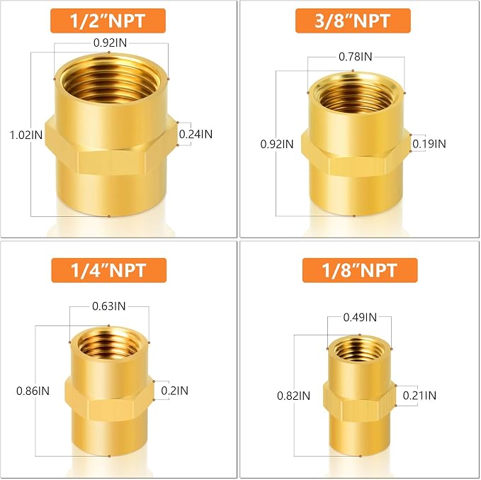 GASHER 8PCS Brass Pipe Fitting Hex Coupling Kit 1/8 inch 1/4 inch 3/8 inch 1/2 - Image 4