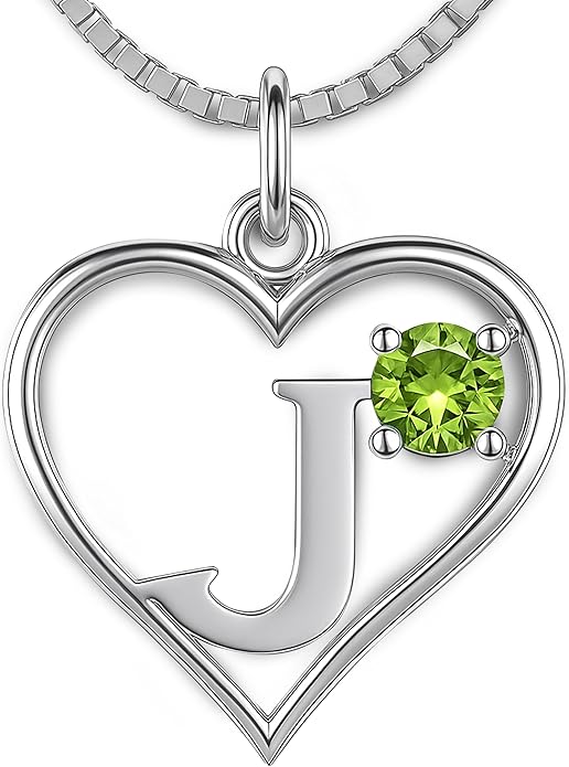 Silver Sterling Necklace Initial Letter A-Z Birthstone for Women – Personalized Custom Jewelry Pendant with Heart Design Customized Dainty Charm for Wife Girlfriend Mom – 18" Box Chain
