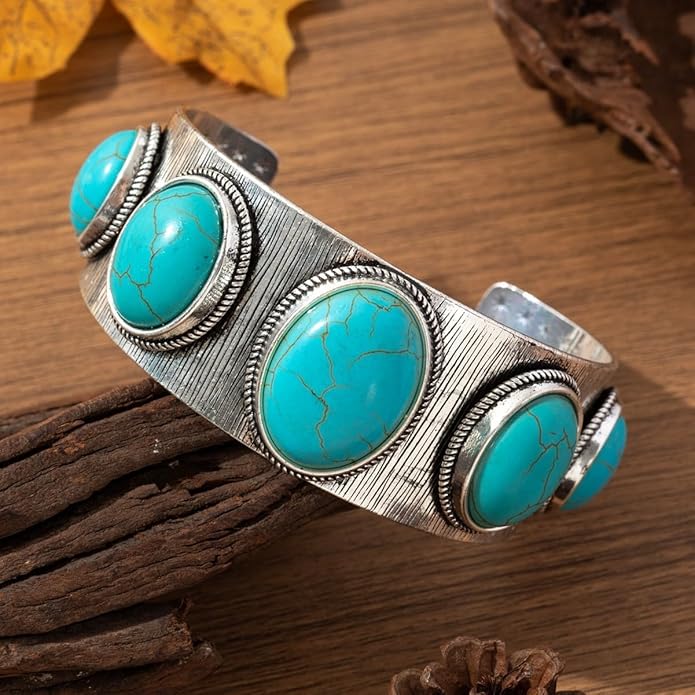 Turquoise Bracelet for Women – Bohemian Western Cuff Bangle, Vintage Cowgirl Jewelry for Rodeo, Country Concert, Rustic Boho Accessories