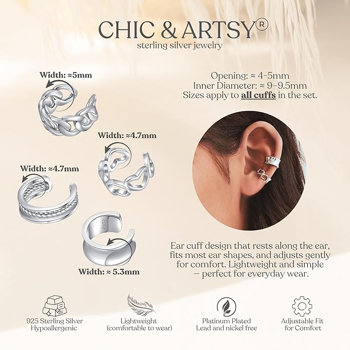 CHIC & ARTSY 925 Sterling Silver Ear Cuffs for Women, Non Piercing Clip On Cartilage Cuffs, Adjustable Fake Conch & Helix Earrings, Gold Plated & Oxidized Various Styles