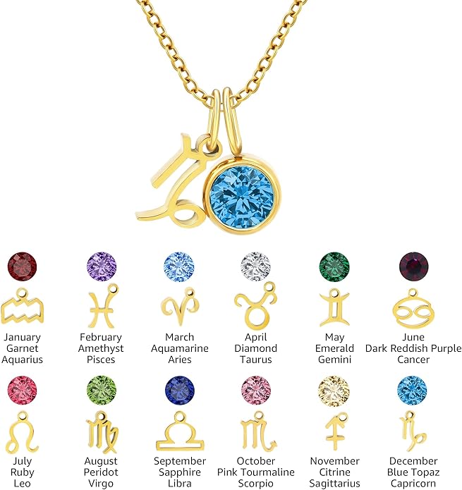 MISS RIGHT Initial Birthstone Necklace for Women - Personalized Gifts Birthday Gifts for Women Stainless Steel 18K Gold Plated Dainty Gold Zodiac Sign 12 Constellation Horoscope Necklace Jewelry