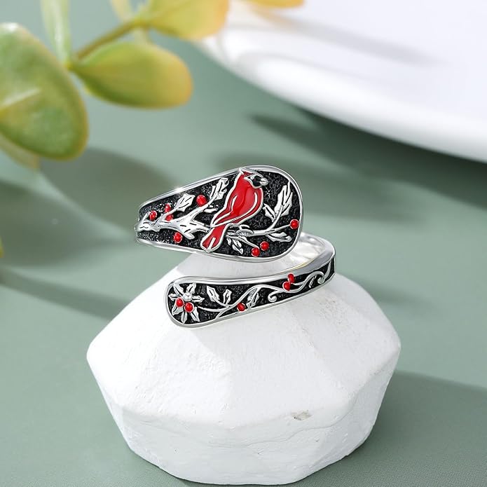 LOANGO Spoon Ring for Women 925 Sterling Silver Spoon Rings Adjustable Oxidized Vintage Thumb Rings Sunflower Hummingbird Butterfly Bee Cardinal Jewelry Gifts for Women Men