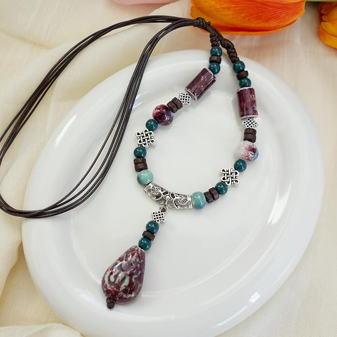 Adjustable Ceramic Beaded Necklace for Women, Boho Handmade Flower Pendant Necklace, Hippie Jewelry for Mom and Wife