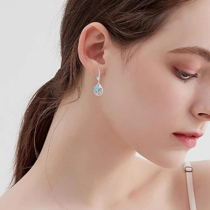 Turtle Earrings for Women S925 Sterling Silver Hawaii Blue Opal Sea Starfish Dangle Earring Tortoise Drop Animal Statement Ocean Summer Beach Vacation Jewelry Mothers Day Christmas Gift