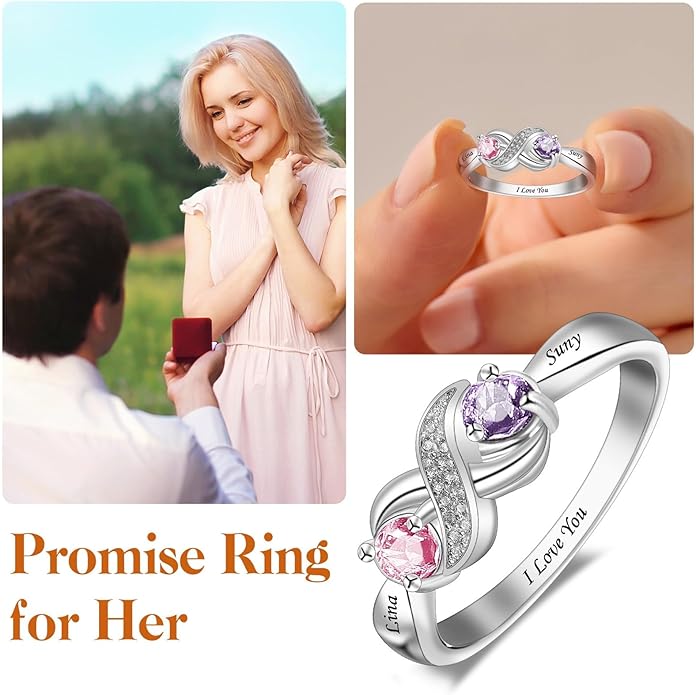 Personalized Heart Birthstone Rings for Women with 2 Birthstones Custom Name Rings for Couple Mother Daughter Jewelry Gift for Mother Her Christmas