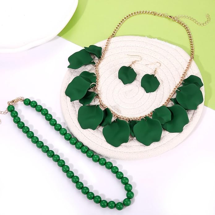 Flower Petal Necklace Earrings Set Layered Statement Beaded Jewelry Set for Women Summer Necklace Earrings