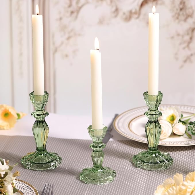 Green Candlestick Holders Set of 6, Glass Taper Candle Holders | 4.3" H & 6.3" H - Image 2