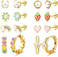 Florideco Hypoallergenic Earrings for Women 316 Surgical Steel Earrings for Sensitive Ears Cute Small Daisy Hoop Earring Heart Flower Strawberry Rainbow Flat Back Earring Sets