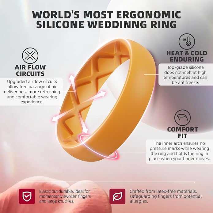 Egnaro Women's Bridal Rings Sets, Inner Arc Ergonomic Breathable Design Silicone Rubber Wedding Bands