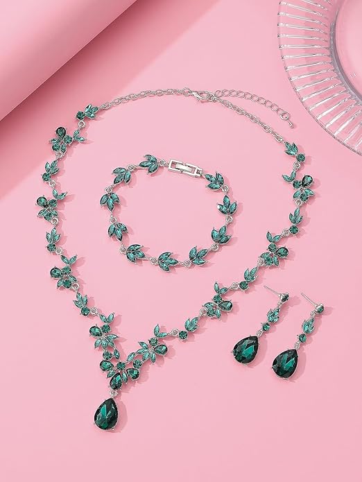 Bridal Wedding Elegant Floral Jewelry Set for Women/Brides/Bridesmaids Crystal Jewelry Set for Wedding Prom Party Bridal Crystal Necklace Earrings Bracelet Set