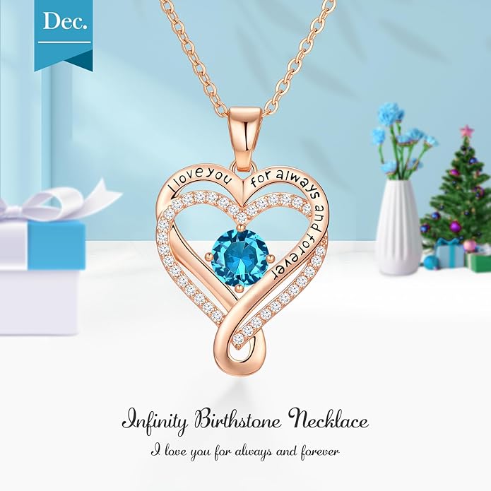 Infinity Love Heart Birthstone Necklace for Women Wife, S925 Sterling Silver Anniversary for Women Wife Birthday Gift for Her Girlfriend Mom Daughters, I Love You Women's Jewelry 18k Rose Gold Filled
