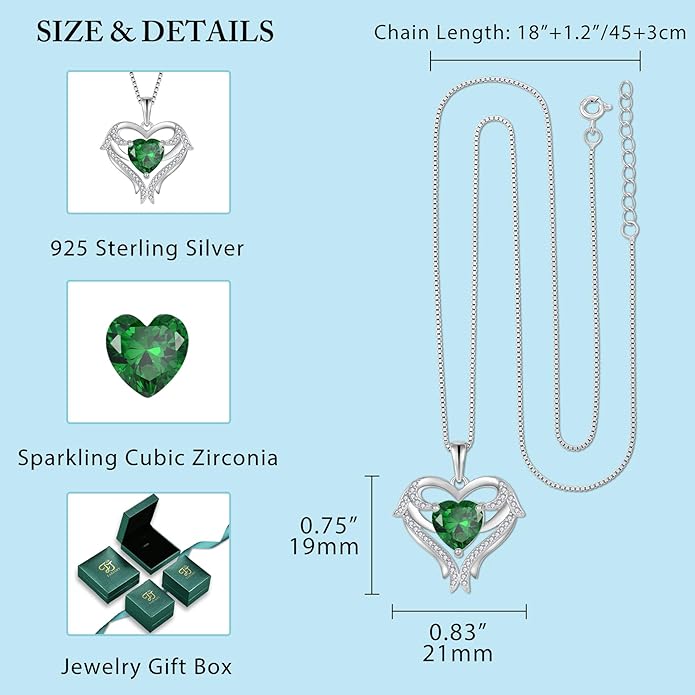 FJ Heart Angel Wings Pendant Necklace 925 Sterling Silver Birthstone Jewelry Gifts for Women