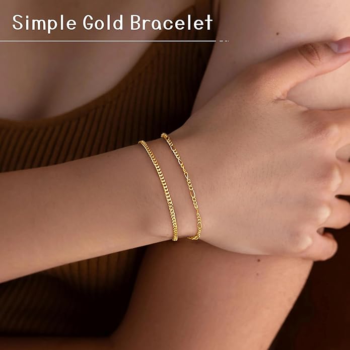 Gold Bracelets Set for Women Stack, Dainty Thick Bracelets Stack for Women Trendy, Simple Thin Gold Plated Cuff Stackable Bracelets With Beaded Cuban Paperclip Snake Rope Bangle Hand Chain Jewelry Gifts for Women Non Tainish