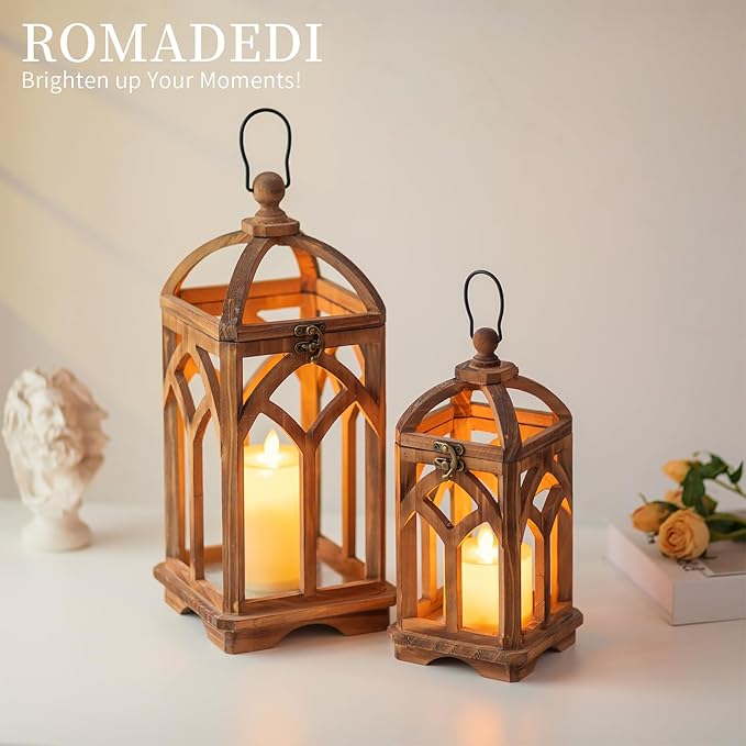 Romadedi Farmhouse Wood Candle Lantern Decorative 12"/16", Natural Wood Grain - Image 2