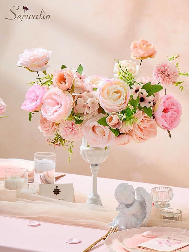 Serwalin 2PCS Artificial Flowers Pink Flowers Fake Silk Flowers - Image 2