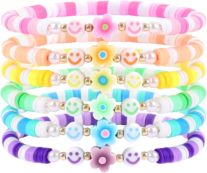 Bohemian Colorful Beaded Bracelets for Women Boho Stackable Natural Stone Letter Clay Glass Beads Stretch Bracelet Set with Charm, Cute Rainbow Friendship Bracelets for Summer Vacation