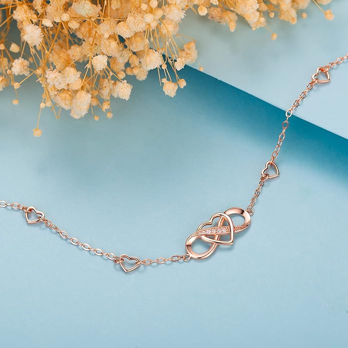 Billie Bijoux 925 Sterling Silver Anklet Bracelets for Women Infinity Heart Ankle Bracelet White Gold Plated Love Charm Adjustable Large Bracelet Gifts for Women Wife