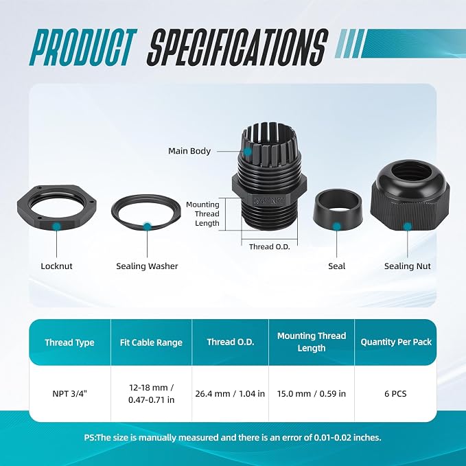6 Pcs 3/4" NPT Cable Glands, IP68 Waterproof Adjustable Nylon Strain Relief - Image 3