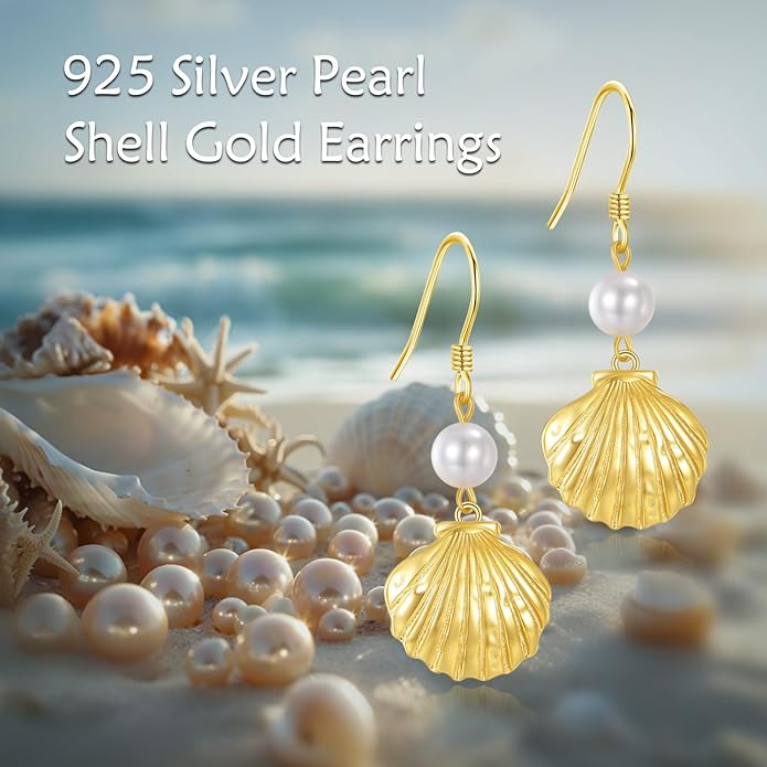 VONALA Silver/Gold Seashell Pearl Dangle Earrings 925 Sterling Silver Beach Drop Dangle Earrings Starfish Leverback Earrings Ocean Jewelry Gifts for Women