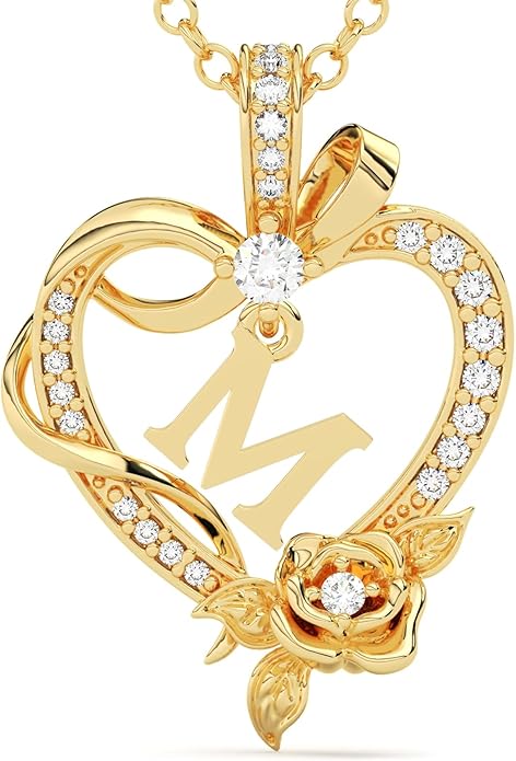 Initial Heart Necklace Gift for Women – 14K Gold Plated Rose Pendant, Personalized Letter Jewelry for Wife, Mom, Grandma, Sister – Birthday, Anniversary for Her