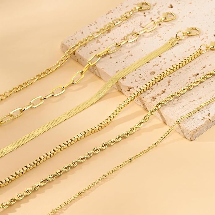 VIBILIA Dainty Gold Chain Bracelet for Women Trendy Stackable Adjustable Layered Metal Bracelet Gold Plated Twist Link Figaro Chain Paperclip Bracelets Fashion Jewelry