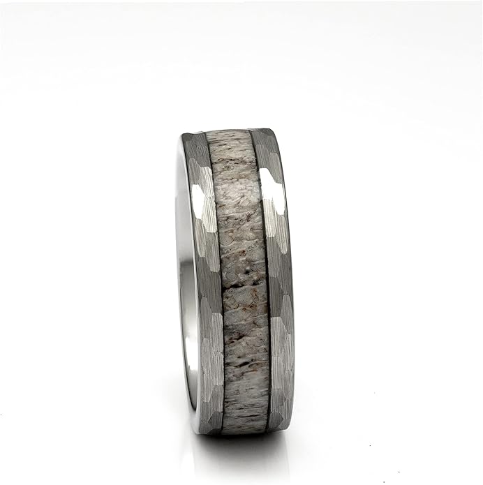 Men's Tungsten Deer Antler With Ring Hammered Finish 8mm Comfort Fit Wedding Band