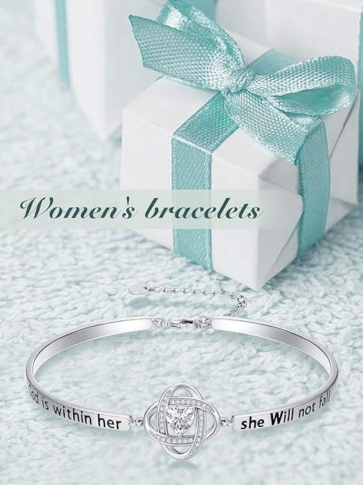 Valentines Day Gifts for Her, 18k White Gold Plated Love Knot Bracelets, Engraved Inspirational and Sentiment Bangle, Anniversary Birthday Jewelry Gift for Lover Wife Girlfriend Sister Friends