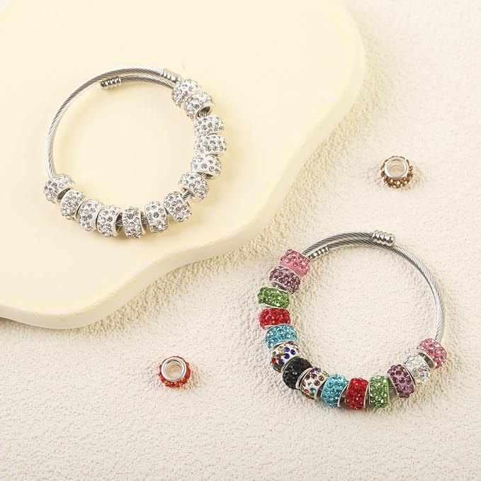 60Pcs Rhinestone Large Hole Beads Spacer Beads Mixcolor European Craft Big Beads Large Hole Rhinestones Lampwork Murano Bead Fairy Wand Garden Beads for DIY Bracelet Necklace Jewelry Making Supplies