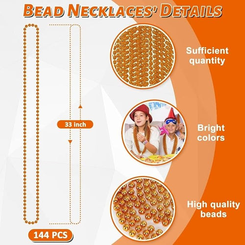 144PCS Bead Necklace, Orange Halloween Bead Necklaces Party Favors, 33" Mardi Gras Beads Necklaces Costume Bulk, Festival Parade Throw Accessories for Mardi Gras Halloween Wedding Celebrations Decor