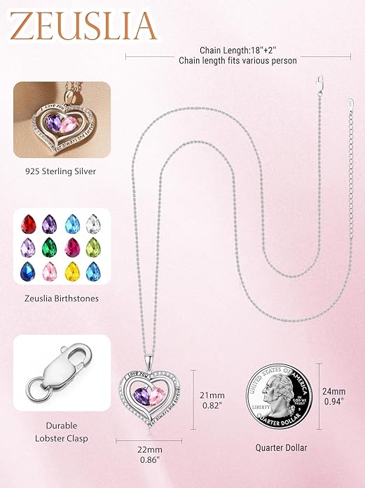 Valentine's Day Gifts for Wife 925 Sterling Silver Double Birthstone Pendant Necklaces I Love You for Always and Forever Necklace Anniversary Birthday Gifts for Wife Girlfriend Mom Her