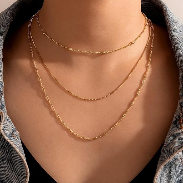 CHESKY 14k Gold Plated/Silver Plated Dainty Necklace for Women, Trendy Satellite Choker Necklace Thin Beaded Layered Choker Necklaces Discs Paperclip Chain Necklaces Womens Simple Jewelry