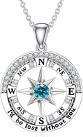 Compass Birthstone Necklace Gift for 2025 Graduation 925 Sterling Silver Compass ‘I'd be Lost Without You’ Pendant Necklaces Jewelry for Women Her Wife Gift for Birthday Anniversary