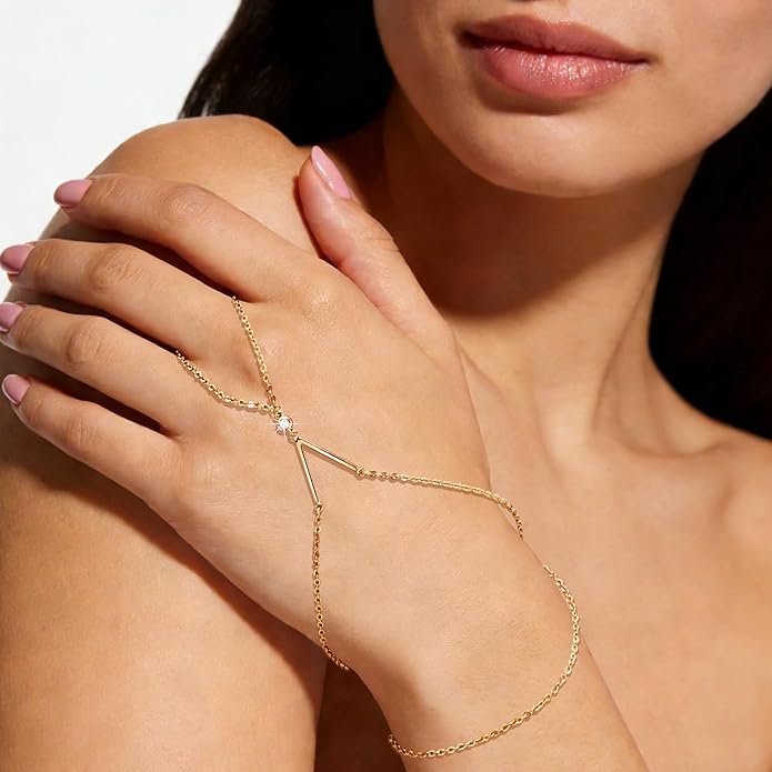 YOIHUR Champagne Gold Plated Hand Chains for Women, Adjustable Hand Chain Bracelet and Ring, Gold Hand Chain Bracelets Stack Jewellery Stars and Cubic Zirconia Hand Jewelry for Valentine's Day