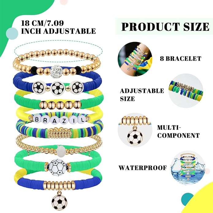 Game Day Bracelets for Women, Stackable Heishi Beaded Stretch Soccer Bracelet Soccer, World Soccer Cup Team Color Accessories & Outfits Jewelry, Soccers Dads Moms Coaches Fans Gifts