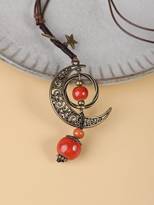 MINACHI Vintage Bohemian Hippie Ceramic Beads Crescent Moon Lariat Necklace, Boho Hippie Statement Jewelry Gift for Women