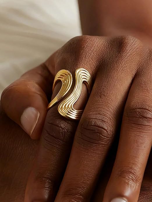 Chunky Rings For Women, Gold Silver Thumb Ring Asymmetrical Wavy Curve Ring Adjustable Non Tarnish Dainty Stainless Steel New Year Anniversary Birthday Jewelry Gift