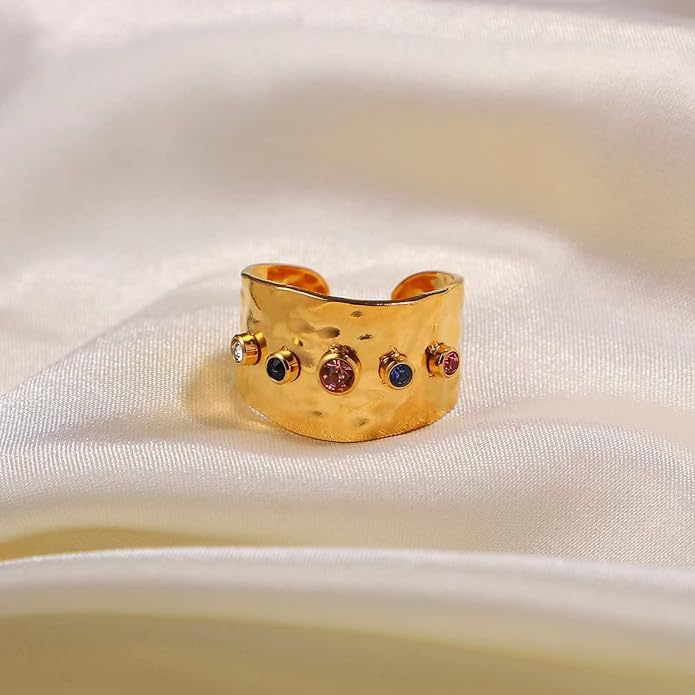 18K Gold Plated Wide Rings,Zirconia Stainless Steel Adjustable Rings for Women,Fashion Jewelry for Women