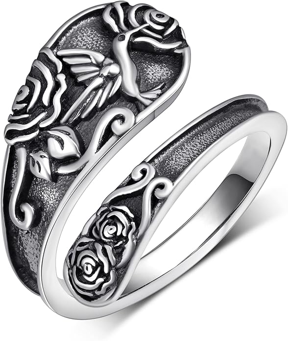 Hummingbird Spoon Ring 925 Sterling Silver Hummingbird Adjustable Thumb Rings for Women Humming bird Gift Ideas for Mom Wife