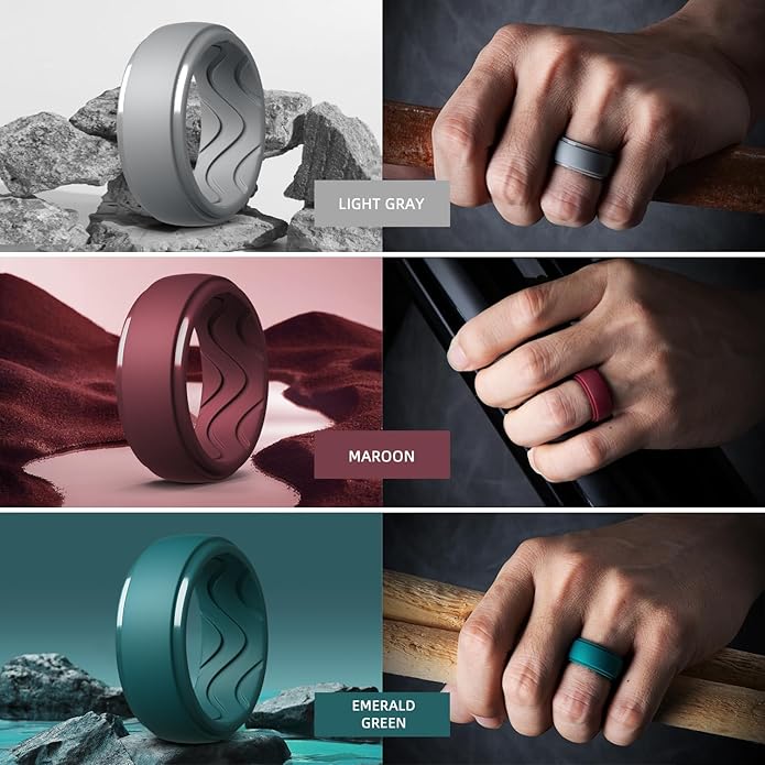 Egnaro Men's Silicone Rings 10mm Wide 2.5mm Thick, Rubber Wedding Bands with Inner Arc Ergonomic Breathable Design, 1/4/5/7 Variety Multipack